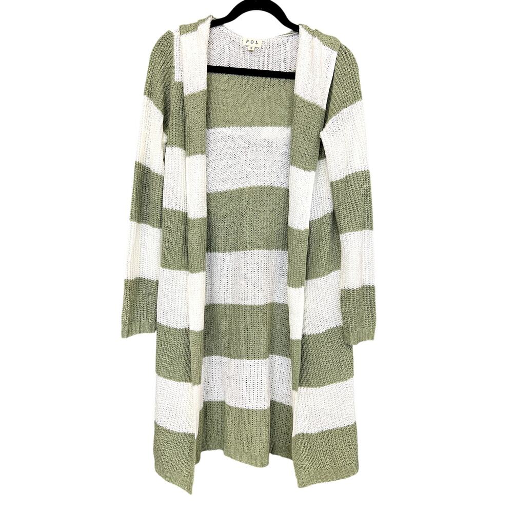 POL Sage + White Striped Hooded Knit Cardigan Size Small